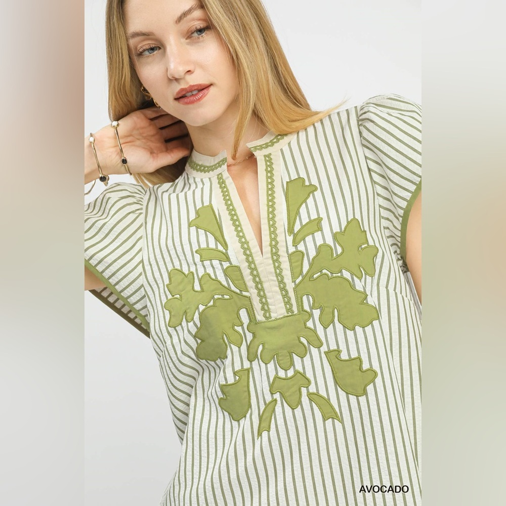 Umgee V-Neck Stripe Embroidered Top with Lace Trim - Picture 3 of 9